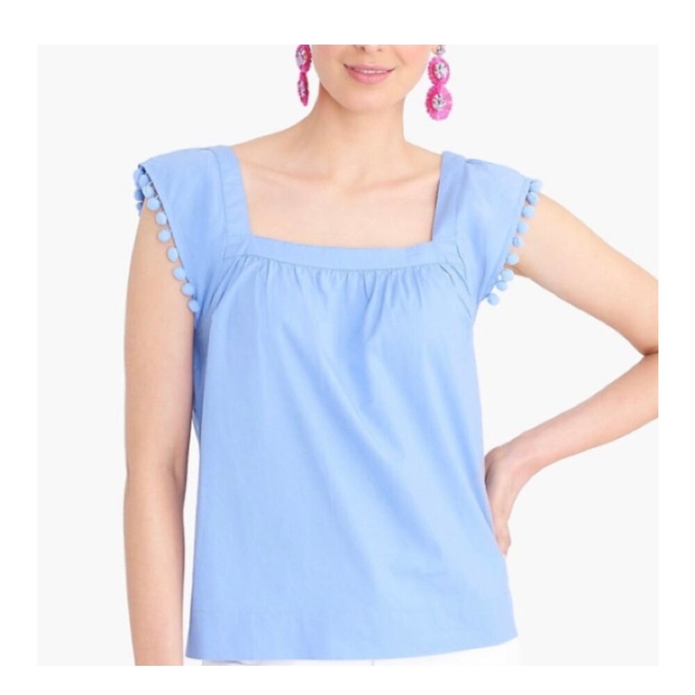 J. Crew Women's Square Neck Blouse Top Poplin with Pom Poms Preppy Blue Size 00